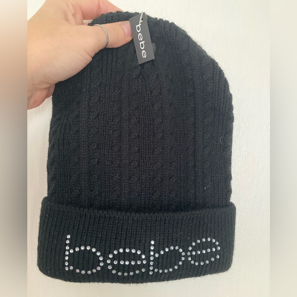 Nice 🩷 New With Tags!! Bebe Beanie Hat! Black! Rhinestones Bling - Picture 2 of 8